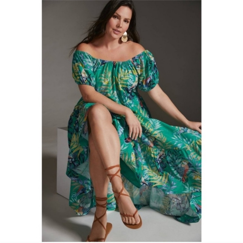 Anthropologie Maeve Tropical Green Tiered Maxi Dress Cotton Birds Butterflies - Picture 11 of 11